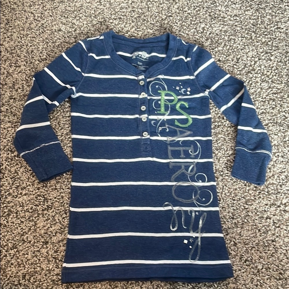 Aeropostale Navy and White Striped Long Sleeve Tee